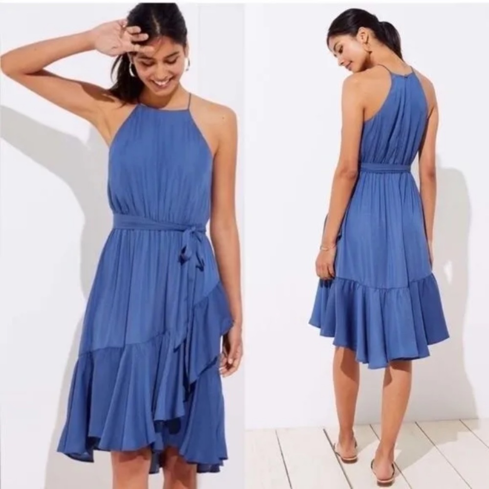 EUC Loft ruffle halter blue dress large
